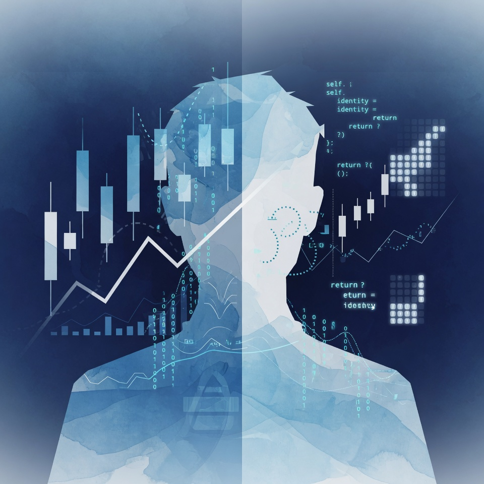 Profilo digitale con programmazione, grafici e trading algoritmico